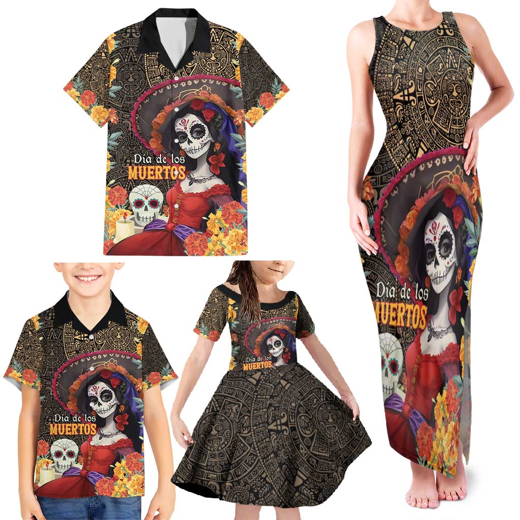 Mexico Day Of The Dead Family Matching Tank Maxi Dress and Hawaiian Shirt La Catrina Mix Cempasuchil Aztec Pattern - Wonder Print Shop