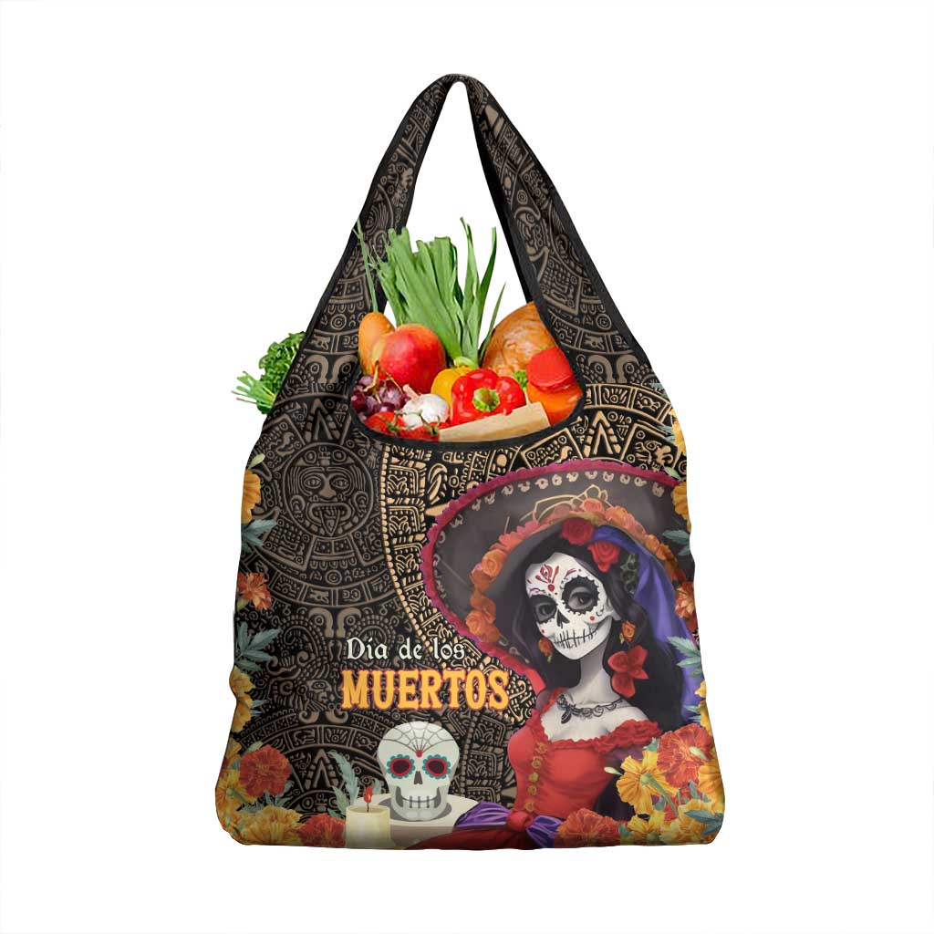 Mexico Day Of The Dead Grocery Bag La Catrina Mix Cempasuchil Aztec Pattern LT15