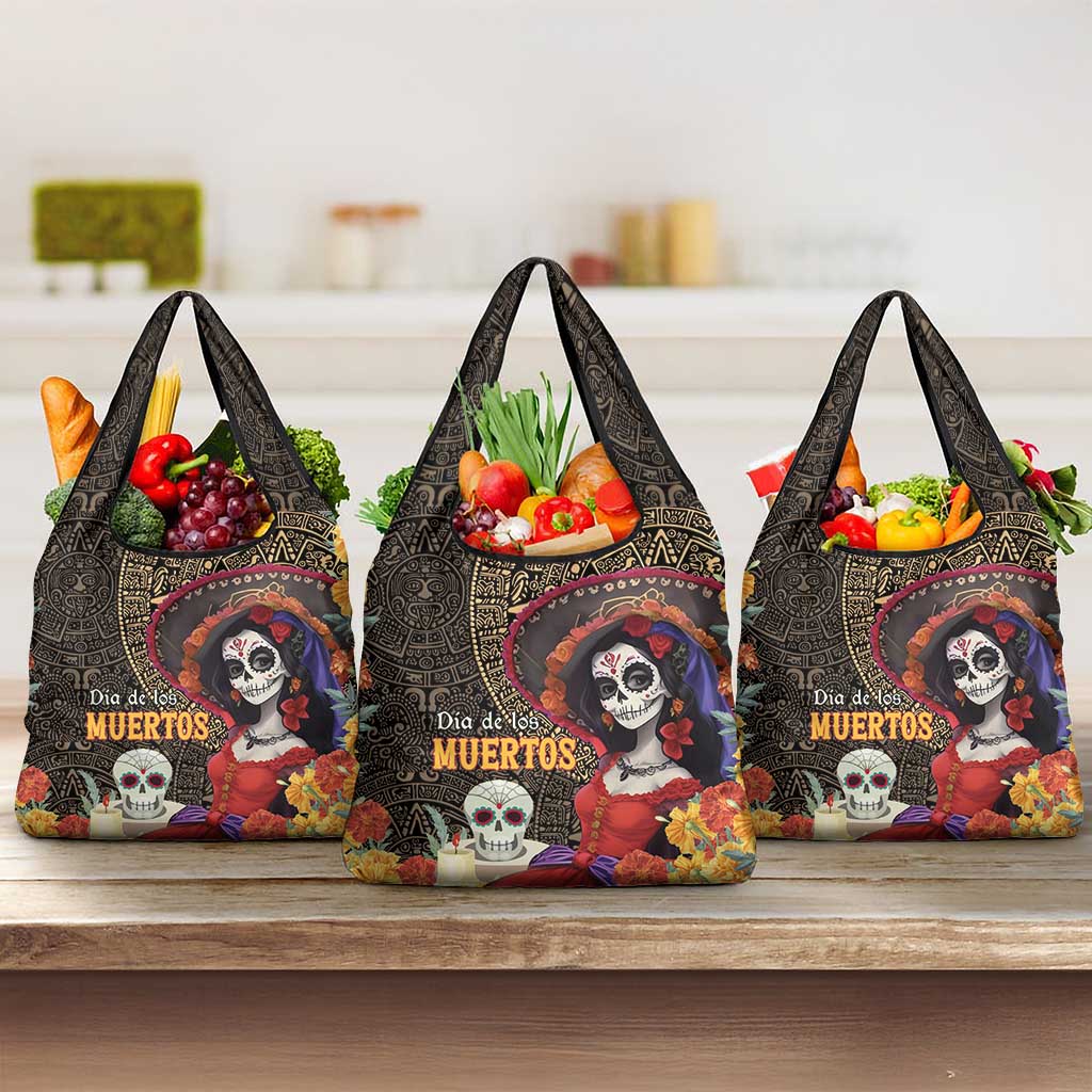 Mexico Day Of The Dead Grocery Bag La Catrina Mix Cempasuchil Aztec Pattern LT15