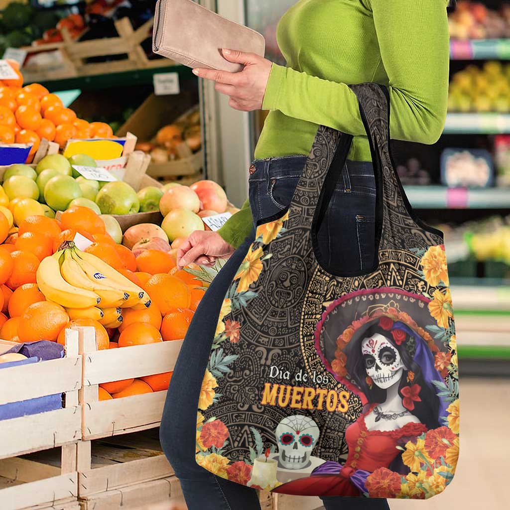 Mexico Day Of The Dead Grocery Bag La Catrina Mix Cempasuchil Aztec Pattern LT15