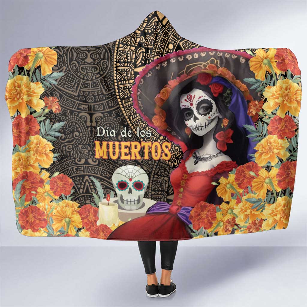 Mexico Day Of The Dead Hooded Blanket La Catrina Mix Cempasuchil Aztec Pattern LT15