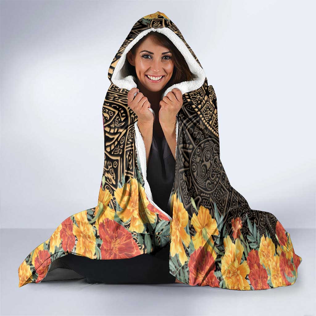 Mexico Day Of The Dead Hooded Blanket La Catrina Mix Cempasuchil Aztec Pattern LT15