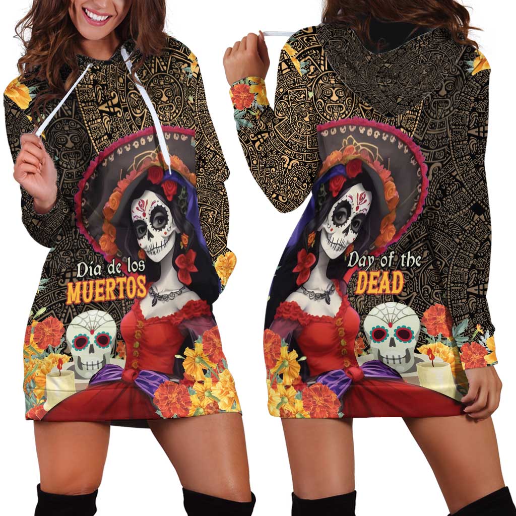 Mexico Day Of The Dead Hoodie Dress La Catrina Mix Cempasuchil Aztec Pattern LT15