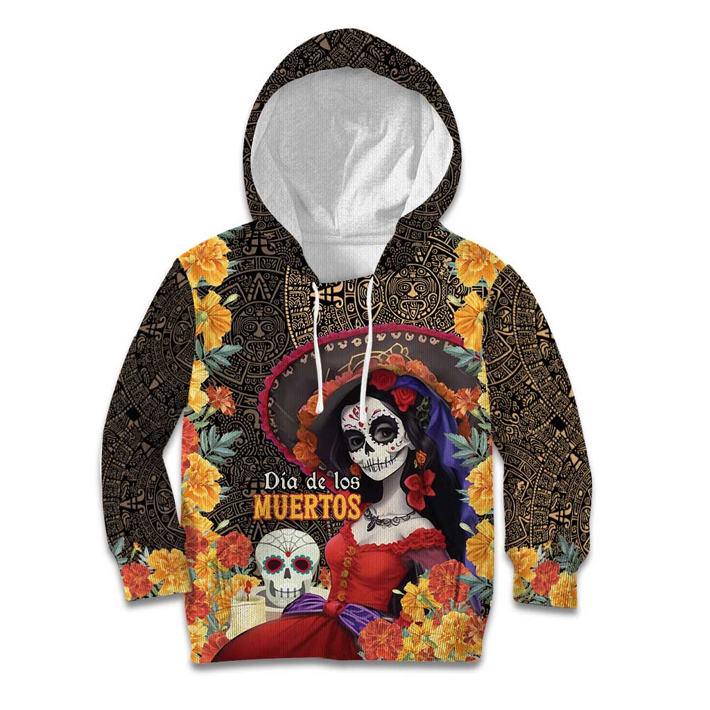 Mexico Day Of The Dead Kid Hoodie La Catrina Mix Cempasuchil Aztec Pattern LT15
