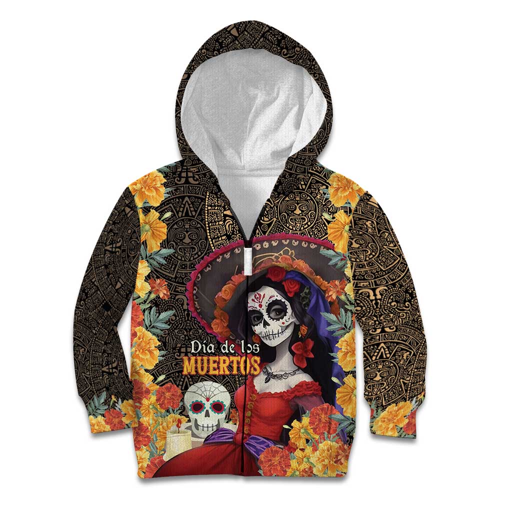 Mexico Day Of The Dead Kid Hoodie La Catrina Mix Cempasuchil Aztec Pattern LT15
