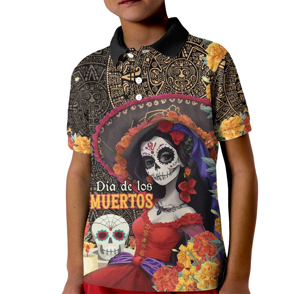 Mexico Day Of The Dead Kid Polo Shirt La Catrina Mix Cempasuchil Aztec Pattern LT15
