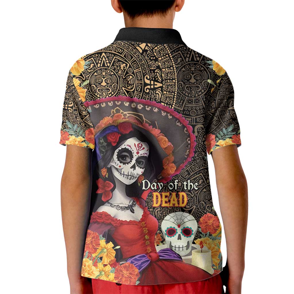 Mexico Day Of The Dead Kid Polo Shirt La Catrina Mix Cempasuchil Aztec Pattern LT15