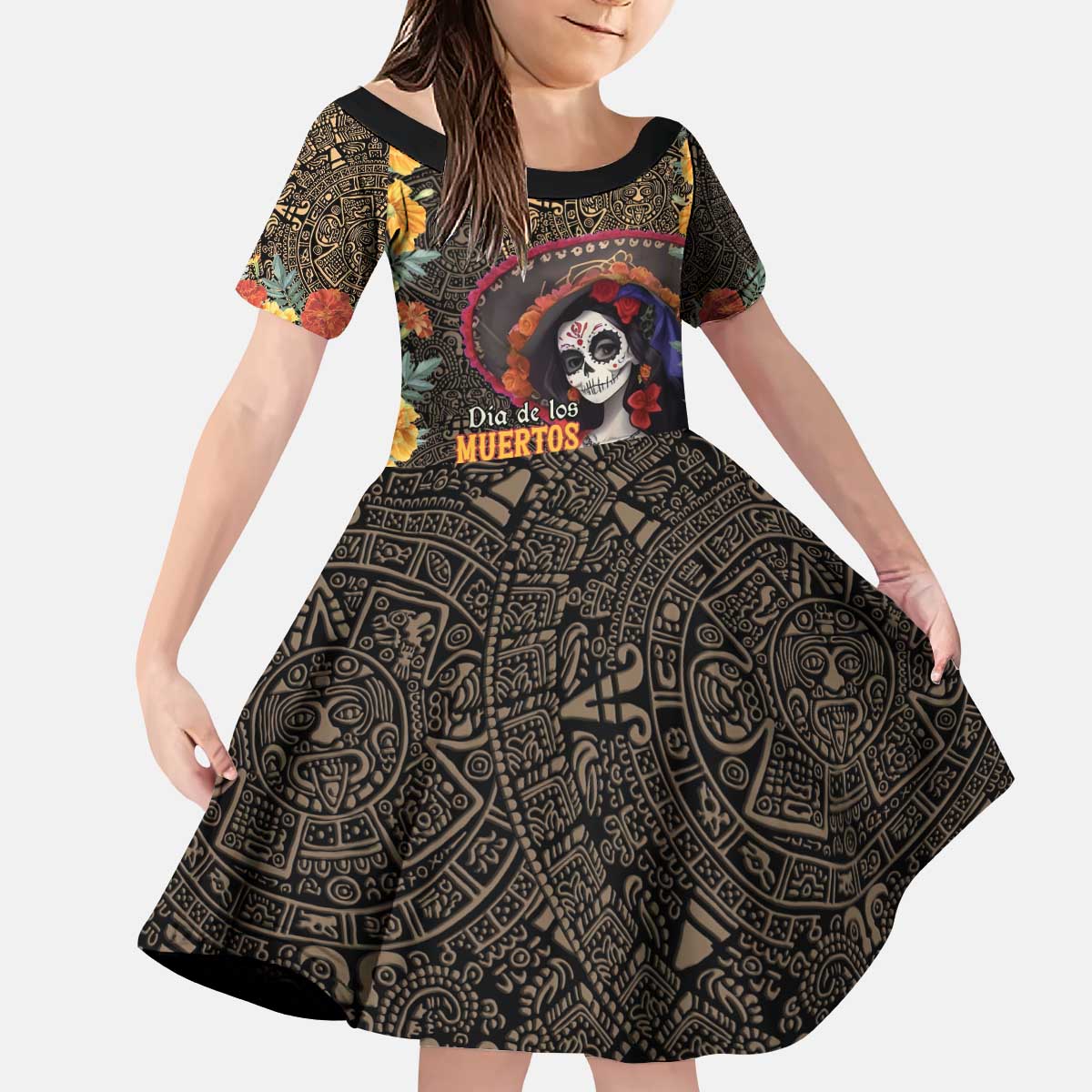 Mexico Day Of The Dead Kid Short Sleeve Dress La Catrina Mix Cempasuchil Aztec Pattern - Wonder Print Shop