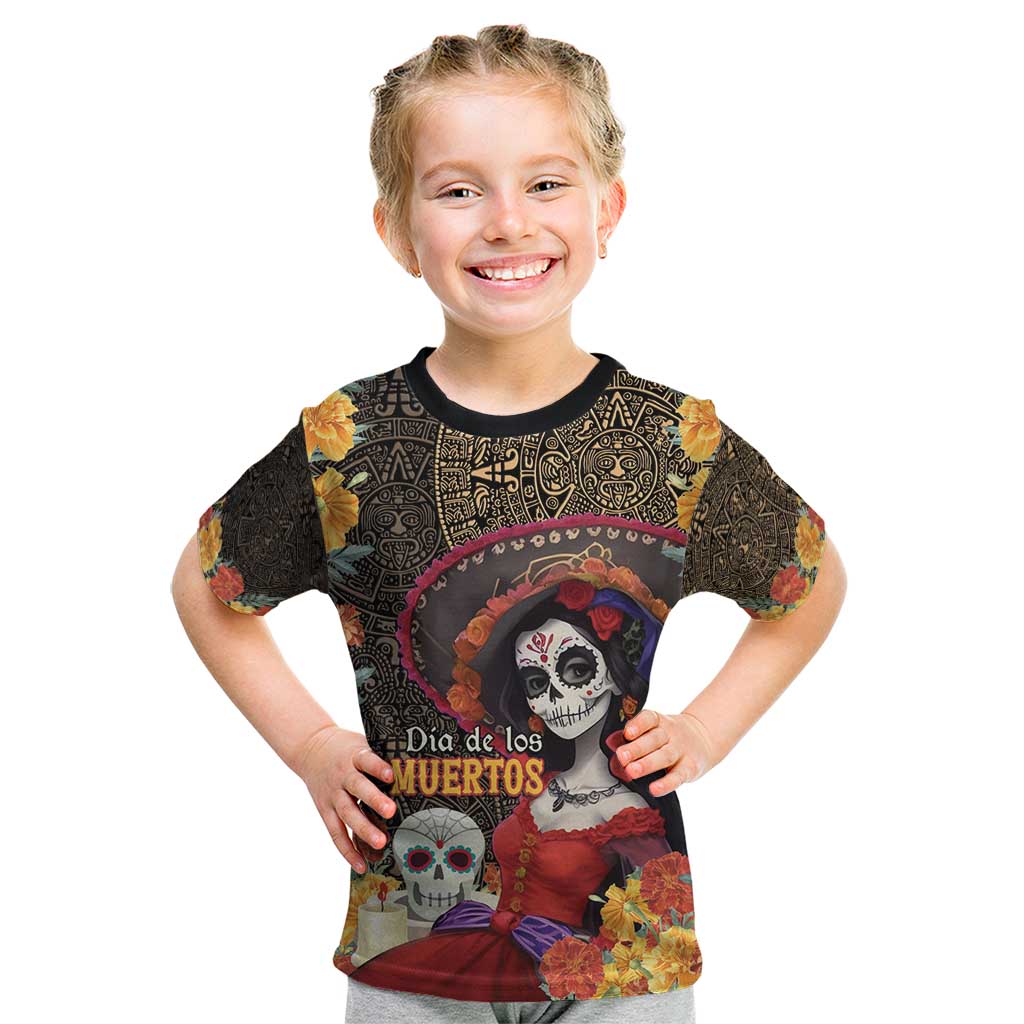Mexico Day Of The Dead Kid T Shirt La Catrina Mix Cempasuchil Aztec Pattern LT15
