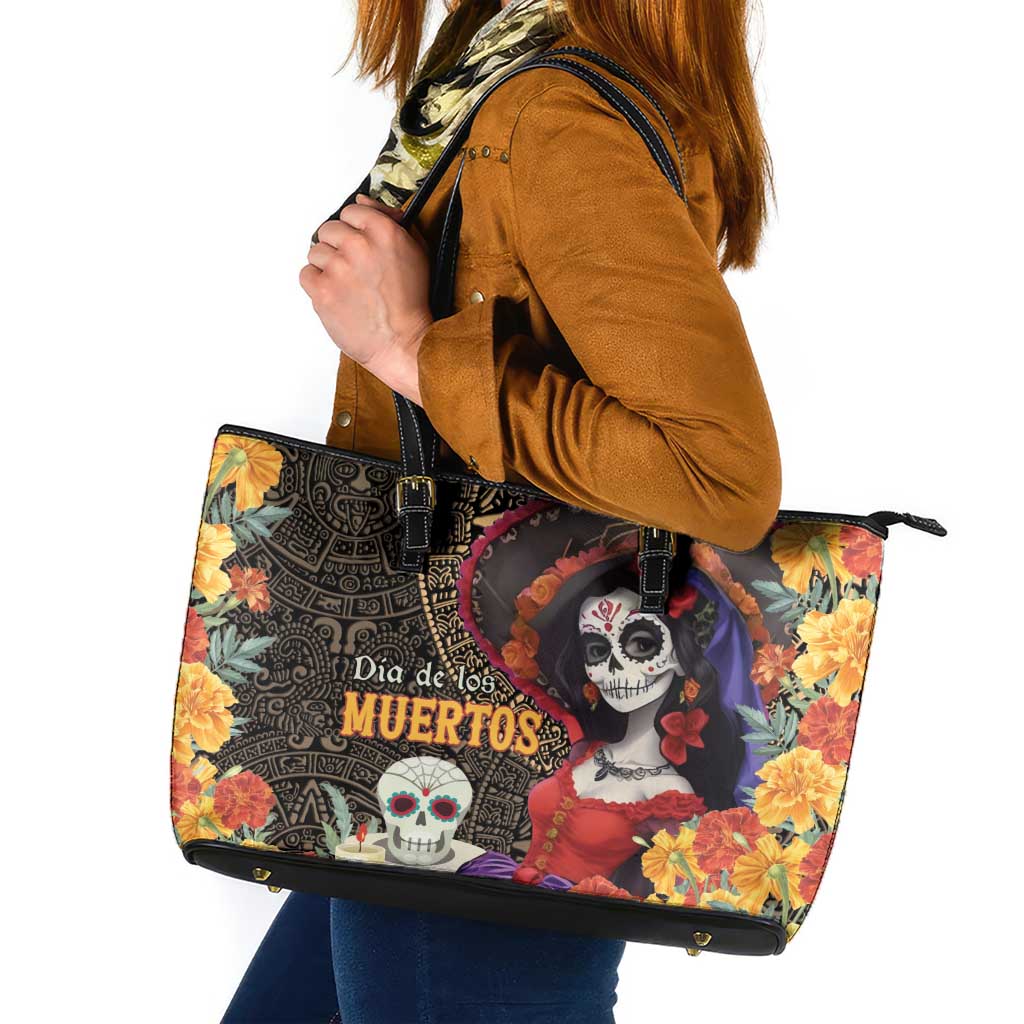 Mexico Day Of The Dead Leather Tote Bag La Catrina Mix Cempasuchil Aztec Pattern LT15