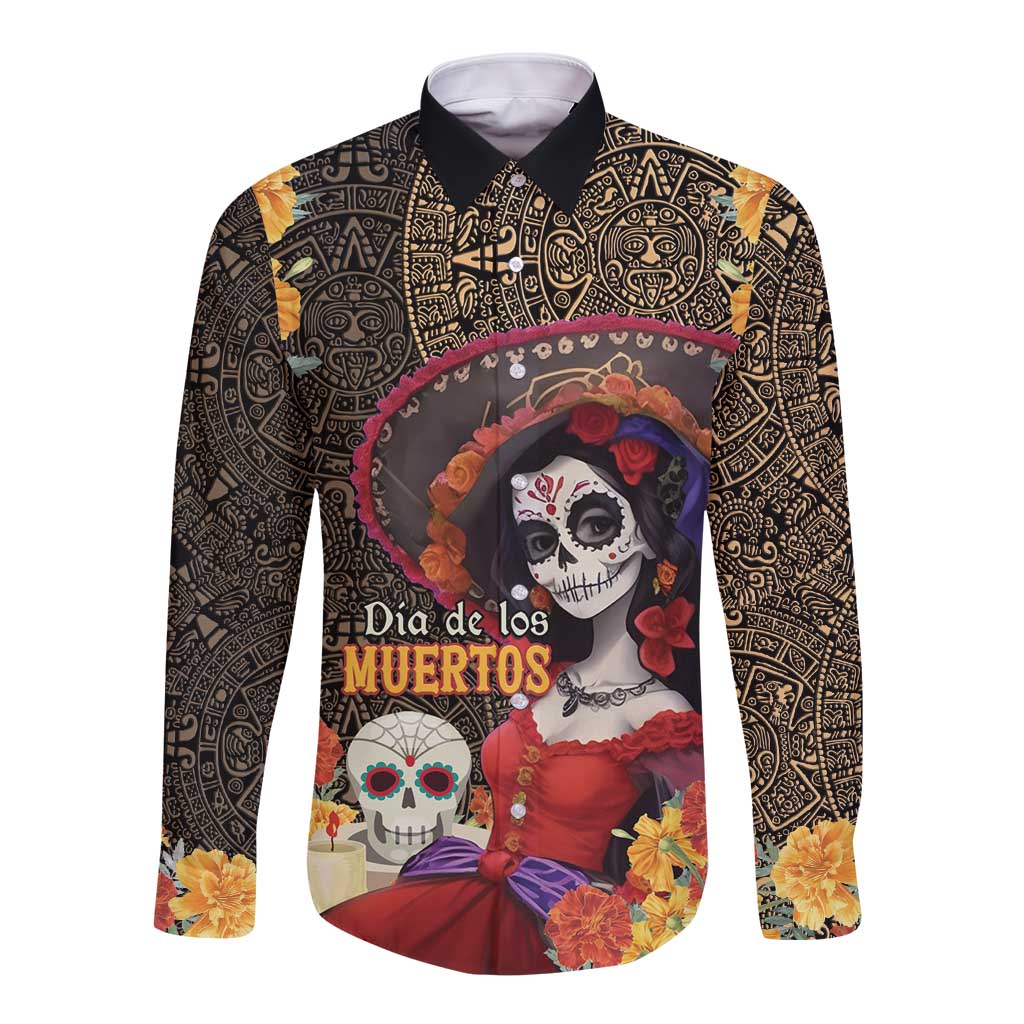 Mexico Day Of The Dead Long Sleeve Button Shirt La Catrina Mix Cempasuchil Aztec Pattern LT15