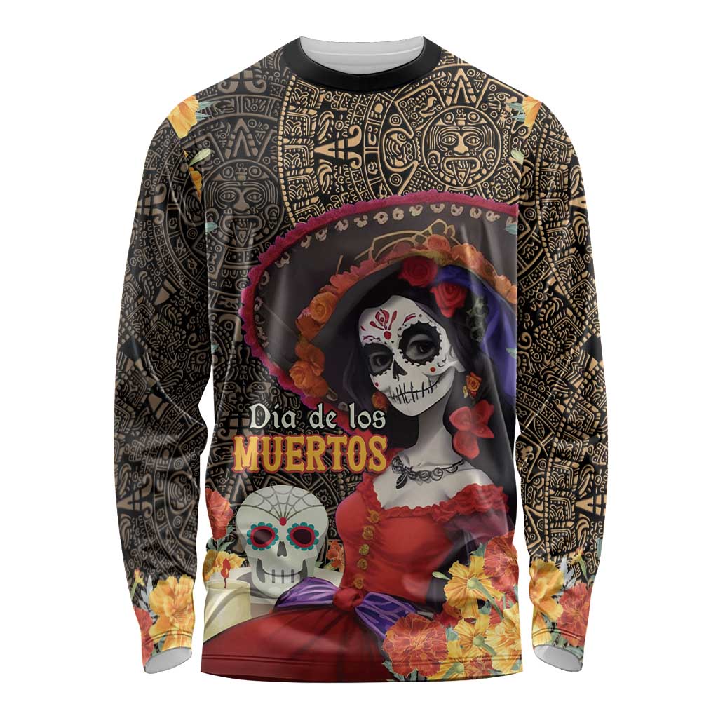 Mexico Day Of The Dead Long Sleeve Shirt La Catrina Mix Cempasuchil Aztec Pattern LT15