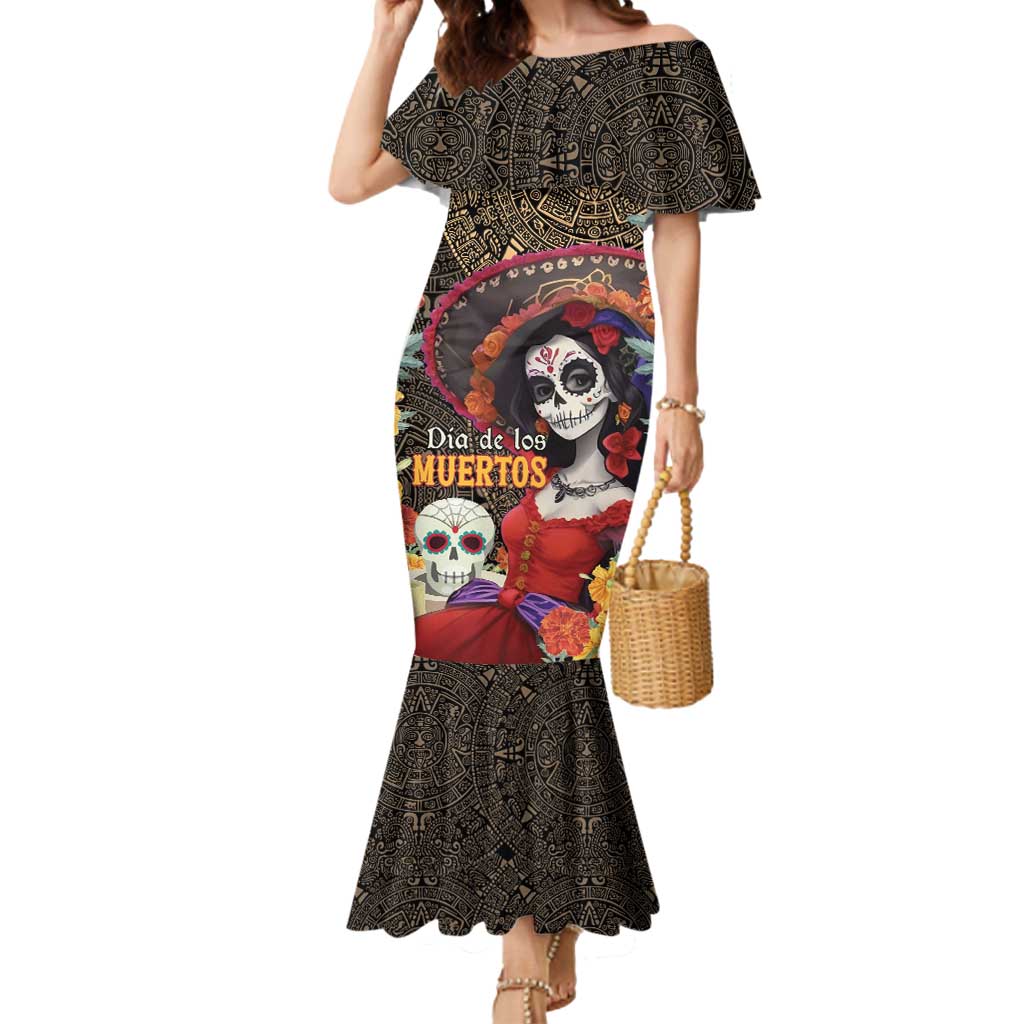 Mexico Day Of The Dead Mermaid Dress La Catrina Mix Cempasuchil Aztec Pattern - Wonder Print Shop