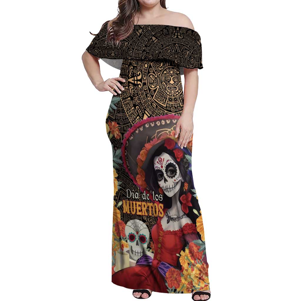 Mexico Day Of The Dead Off Shoulder Maxi Dress La Catrina Mix Cempasuchil Aztec Pattern LT15