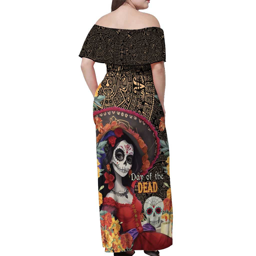 Mexico Day Of The Dead Off Shoulder Maxi Dress La Catrina Mix Cempasuchil Aztec Pattern LT15