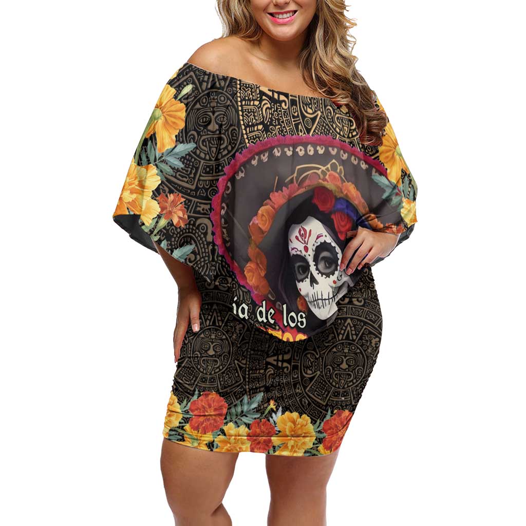 Mexico Day Of The Dead Off Shoulder Short Dress La Catrina Mix Cempasuchil Aztec Pattern - Wonder Print Shop
