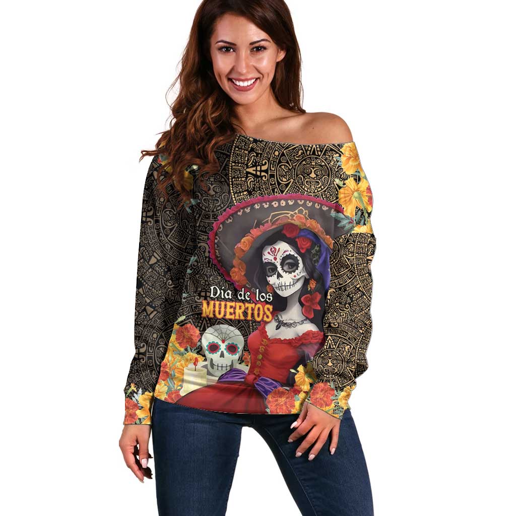 Mexico Day Of The Dead Off Shoulder Sweater La Catrina Mix Cempasuchil Aztec Pattern LT15