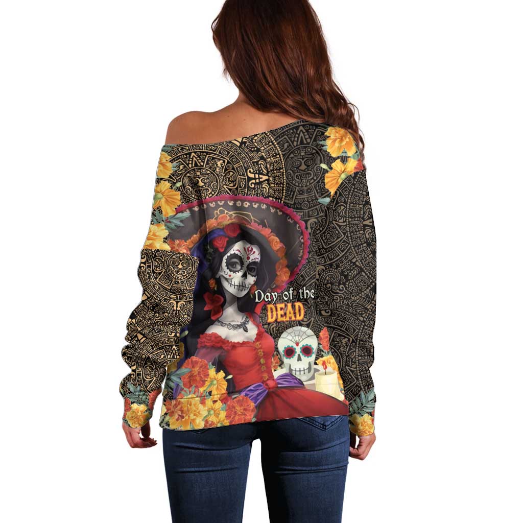 Mexico Day Of The Dead Off Shoulder Sweater La Catrina Mix Cempasuchil Aztec Pattern LT15