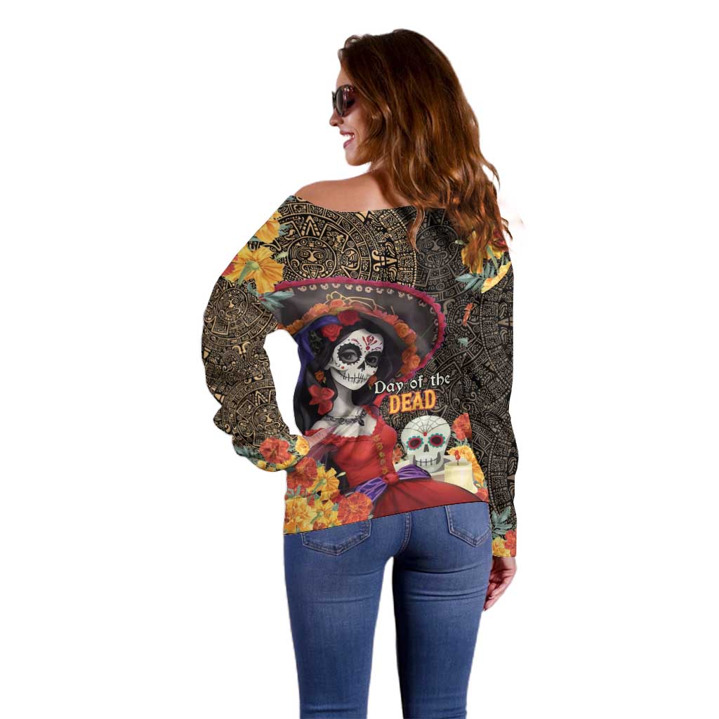 Mexico Day Of The Dead Off Shoulder Sweater La Catrina Mix Cempasuchil Aztec Pattern LT15