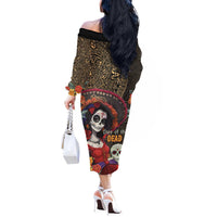 Mexico Day Of The Dead Off The Shoulder Long Sleeve Dress La Catrina Mix Cempasuchil Aztec Pattern LT15