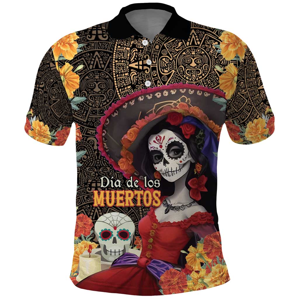 Mexico Day Of The Dead Polo Shirt La Catrina Mix Cempasuchil Aztec Pattern LT15