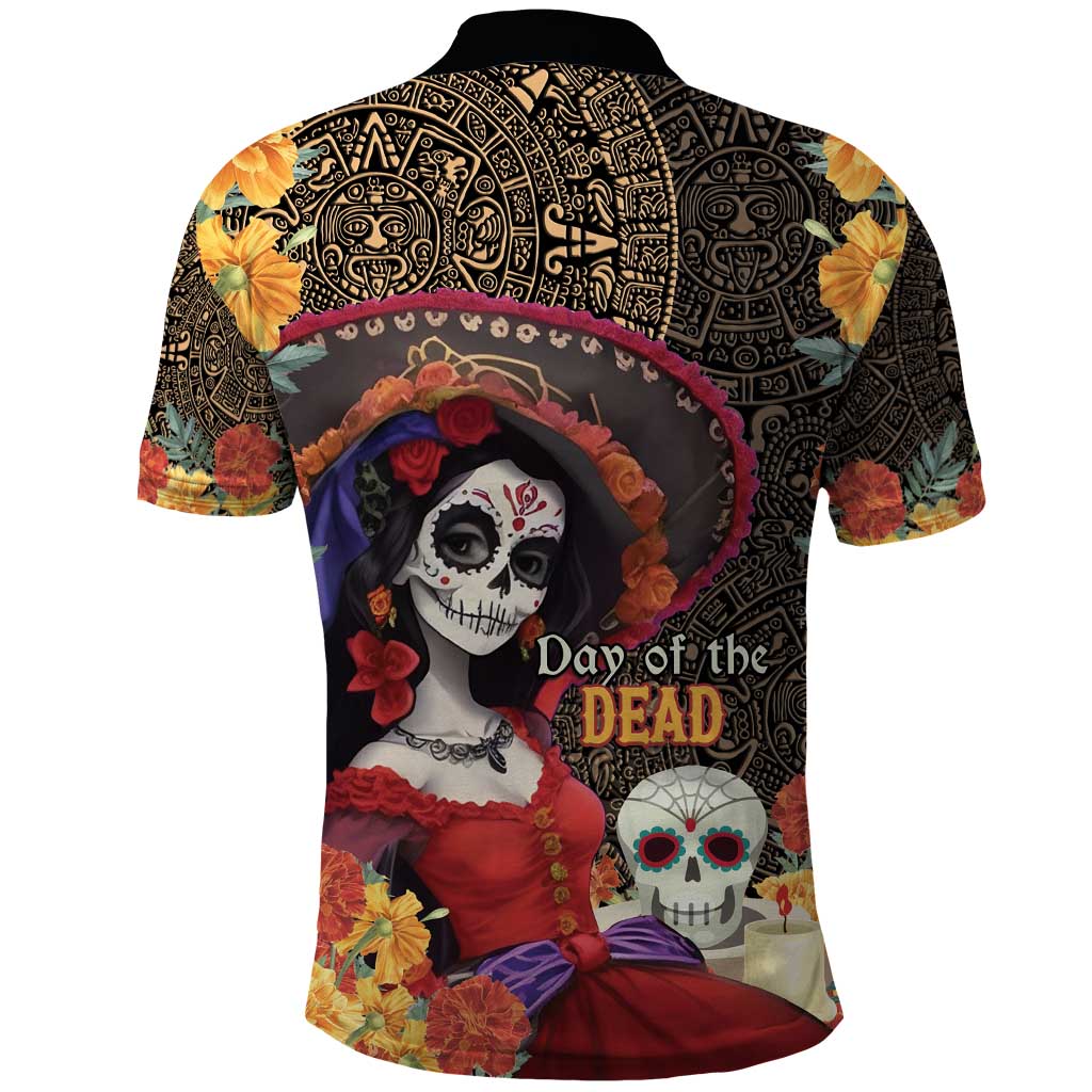 Mexico Day Of The Dead Polo Shirt La Catrina Mix Cempasuchil Aztec Pattern LT15