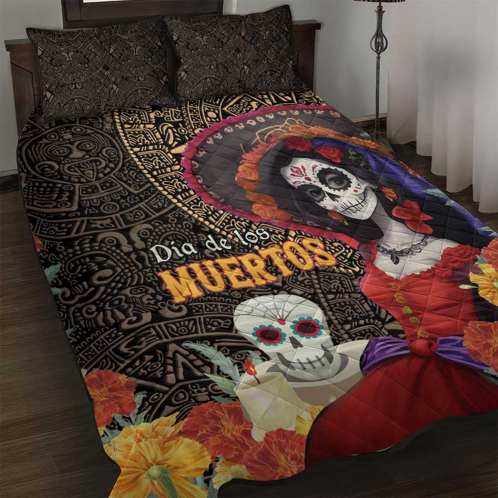 Mexico Day Of The Dead Quilt Bed Set La Catrina Mix Cempasuchil Aztec Pattern LT15