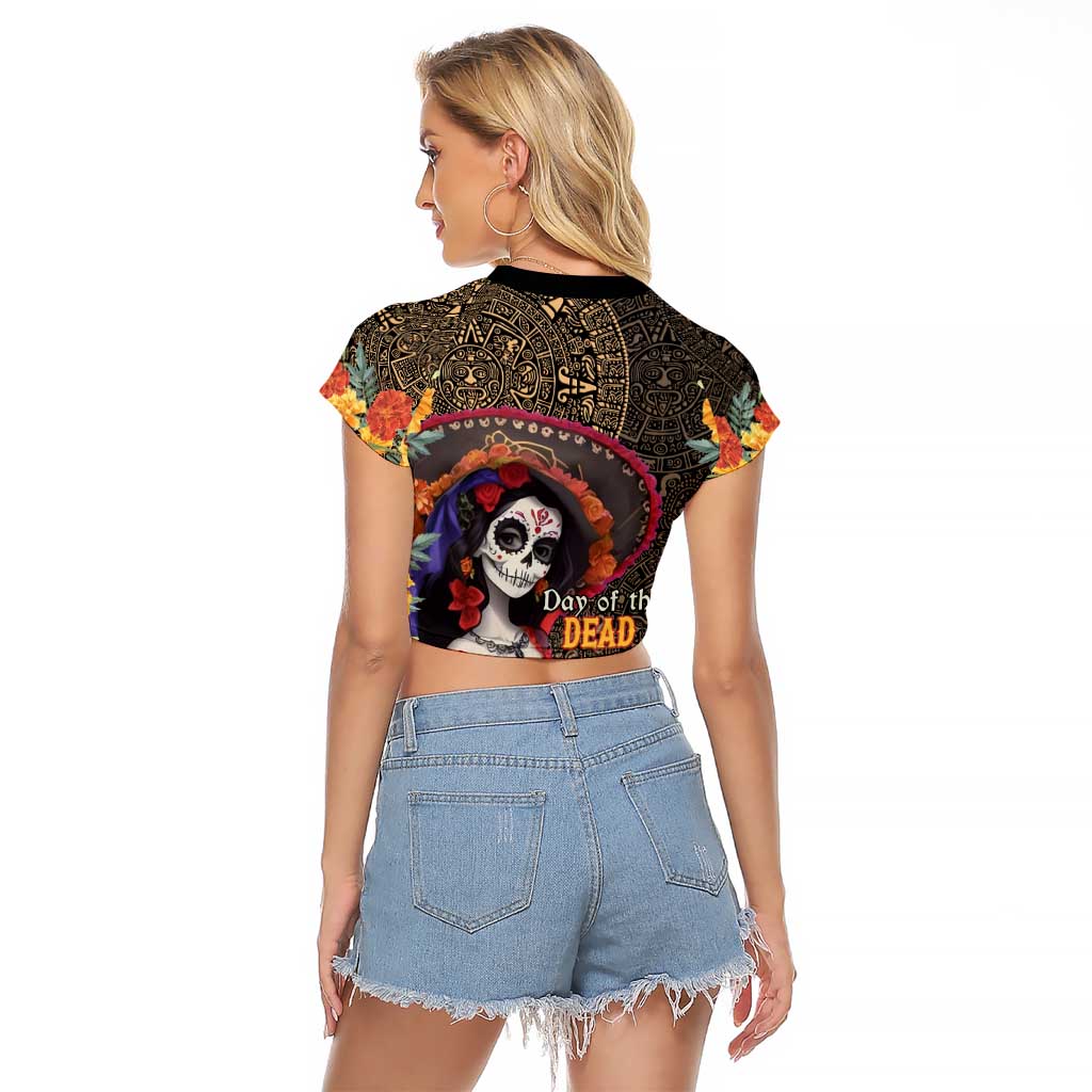 Mexico Day Of The Dead Raglan Cropped T Shirt La Catrina Mix Cempasuchil Aztec Pattern LT15