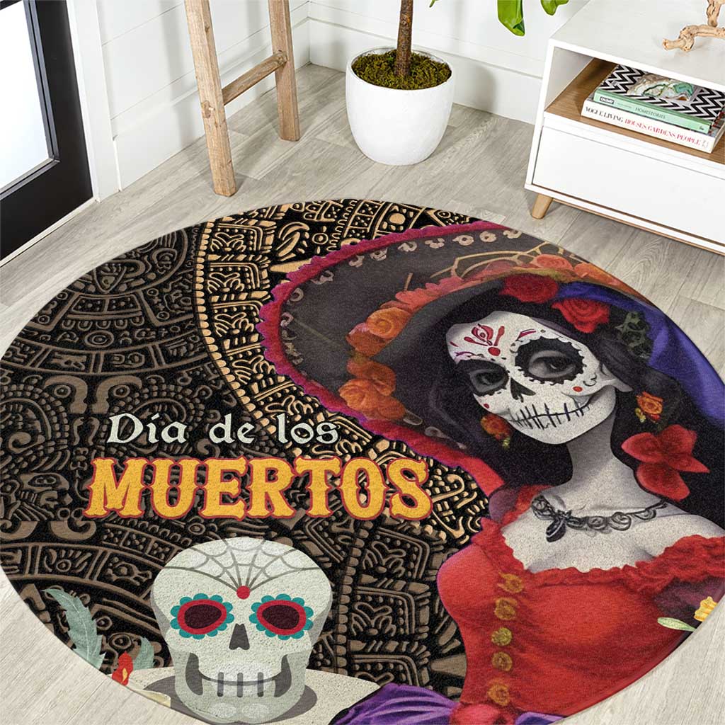 Mexico Day Of The Dead Round Carpet La Catrina Mix Cempasuchil Aztec Pattern LT15