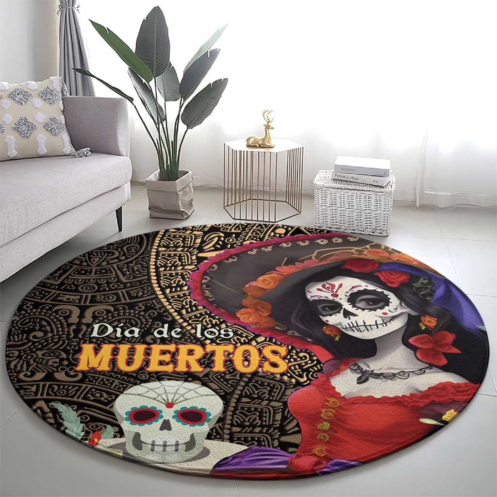 Mexico Day Of The Dead Round Carpet La Catrina Mix Cempasuchil Aztec Pattern LT15