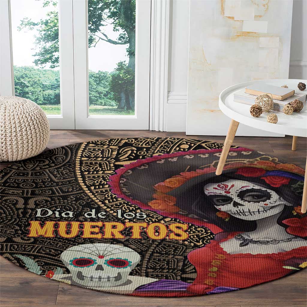 Mexico Day Of The Dead Round Carpet La Catrina Mix Cempasuchil Aztec Pattern LT15