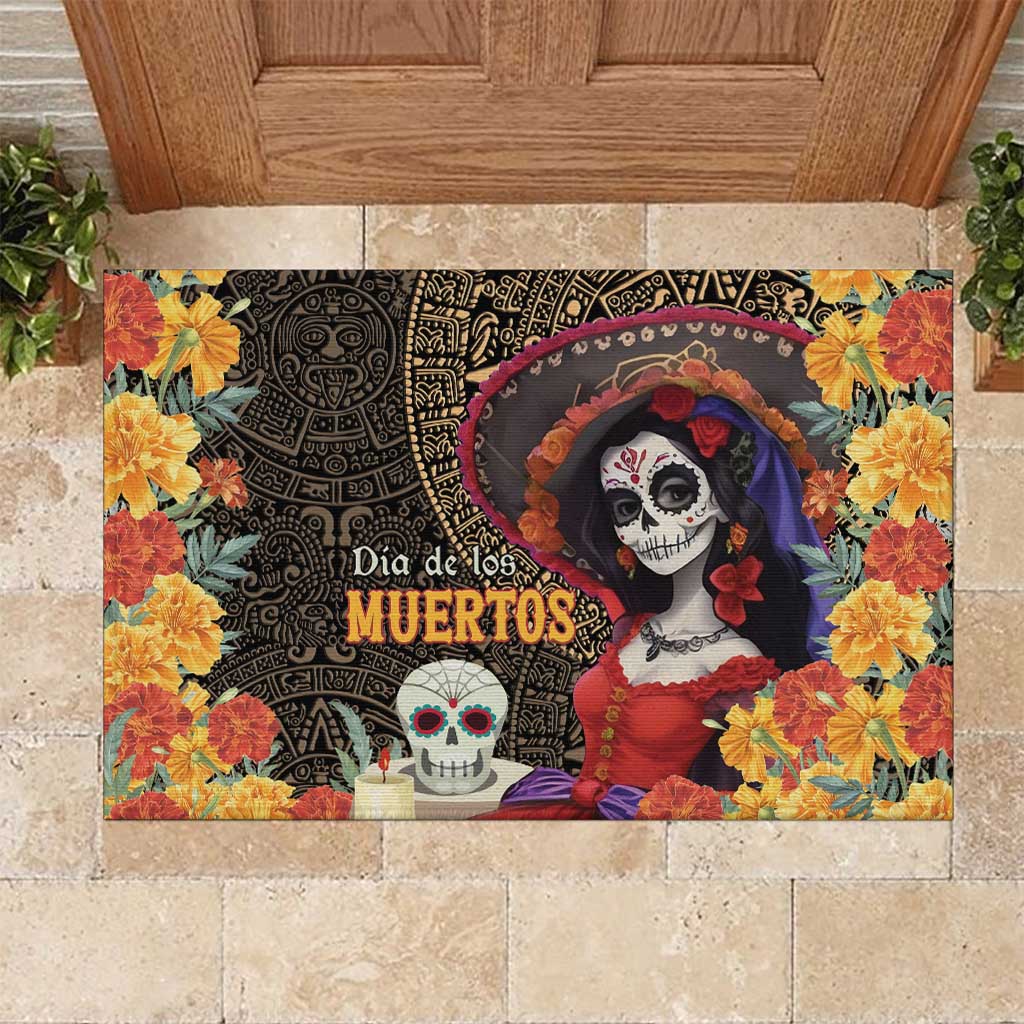 Mexico Day Of The Dead Rubber Doormat La Catrina Mix Cempasuchil Aztec Pattern LT15