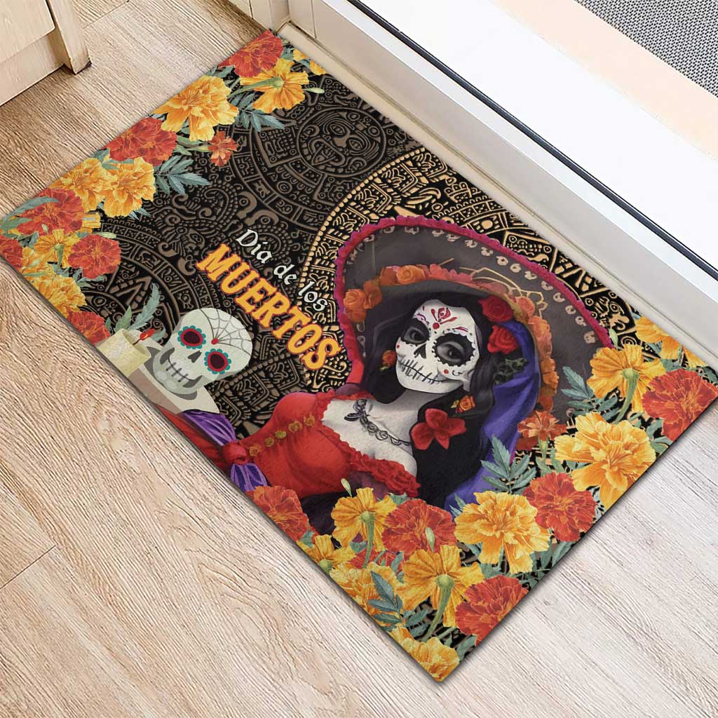 Mexico Day Of The Dead Rubber Doormat La Catrina Mix Cempasuchil Aztec Pattern LT15