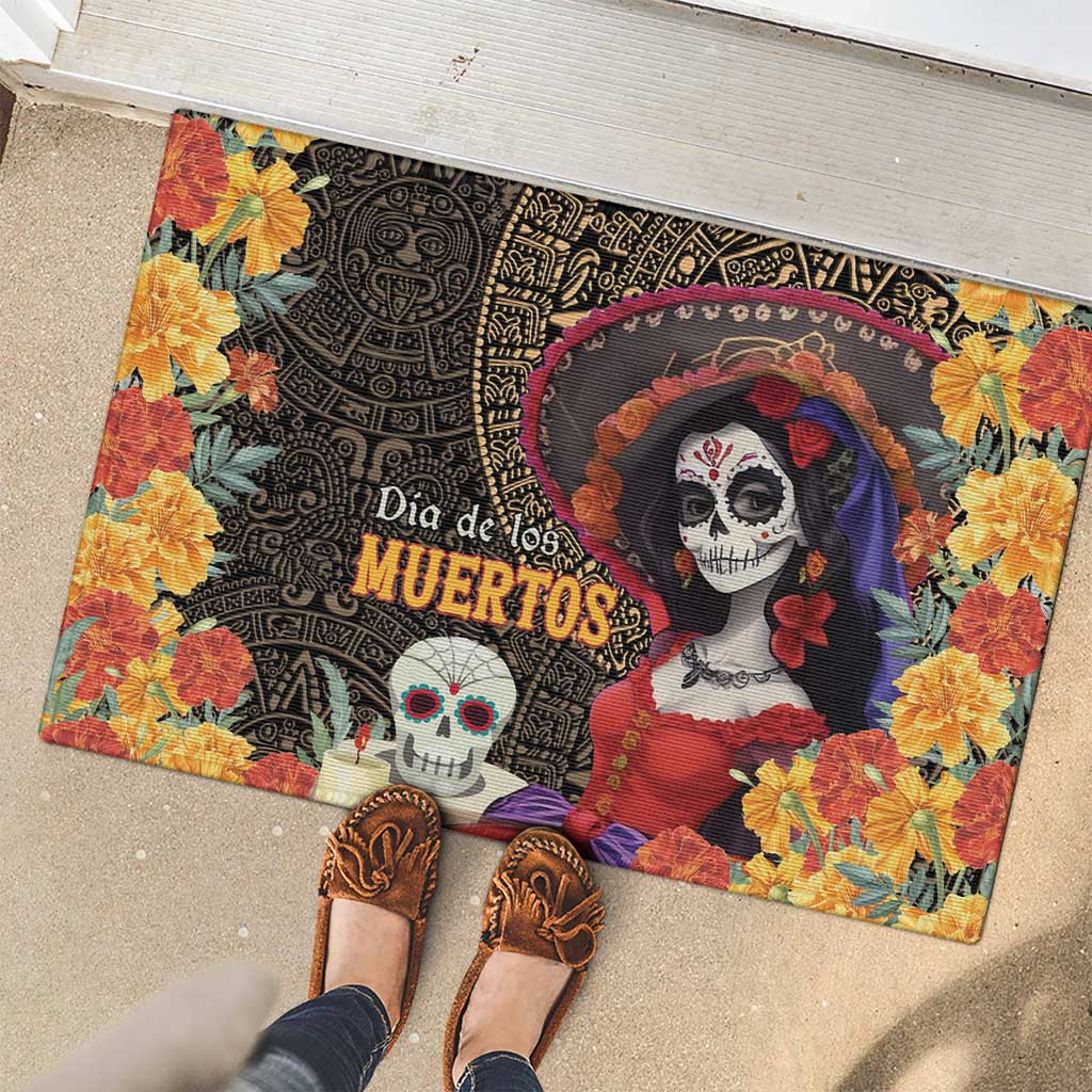 Mexico Day Of The Dead Rubber Doormat La Catrina Mix Cempasuchil Aztec Pattern LT15