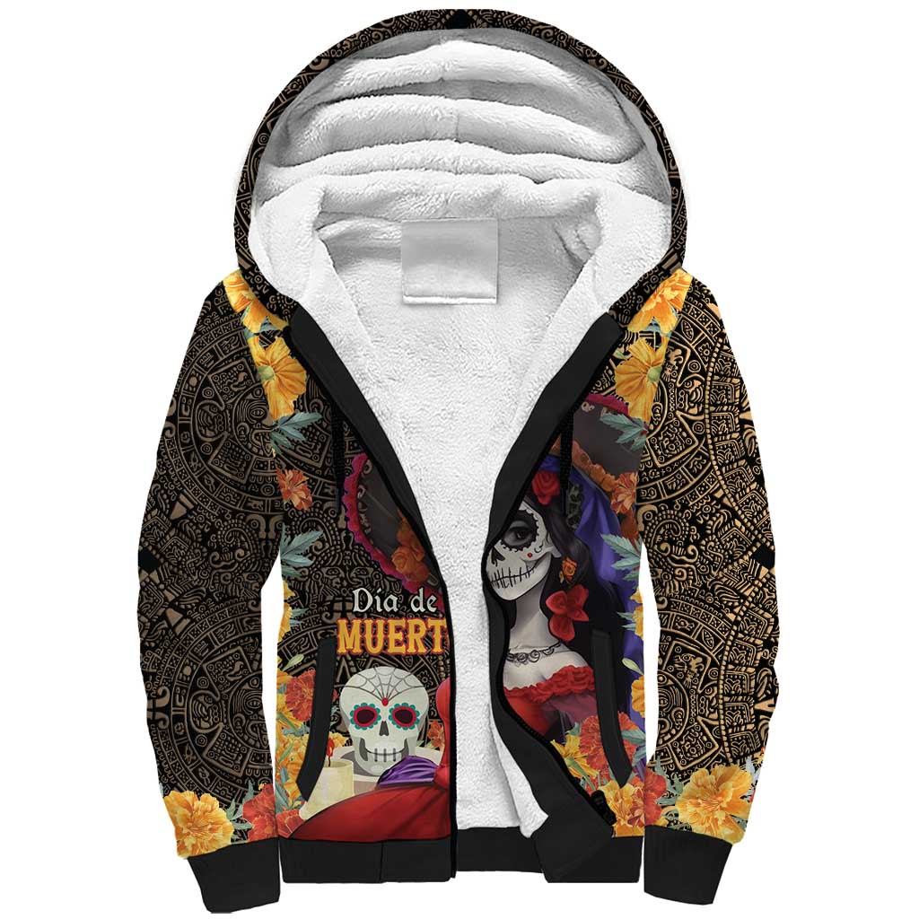 Mexico Day Of The Dead Sherpa Hoodie La Catrina Mix Cempasuchil Aztec Pattern LT15
