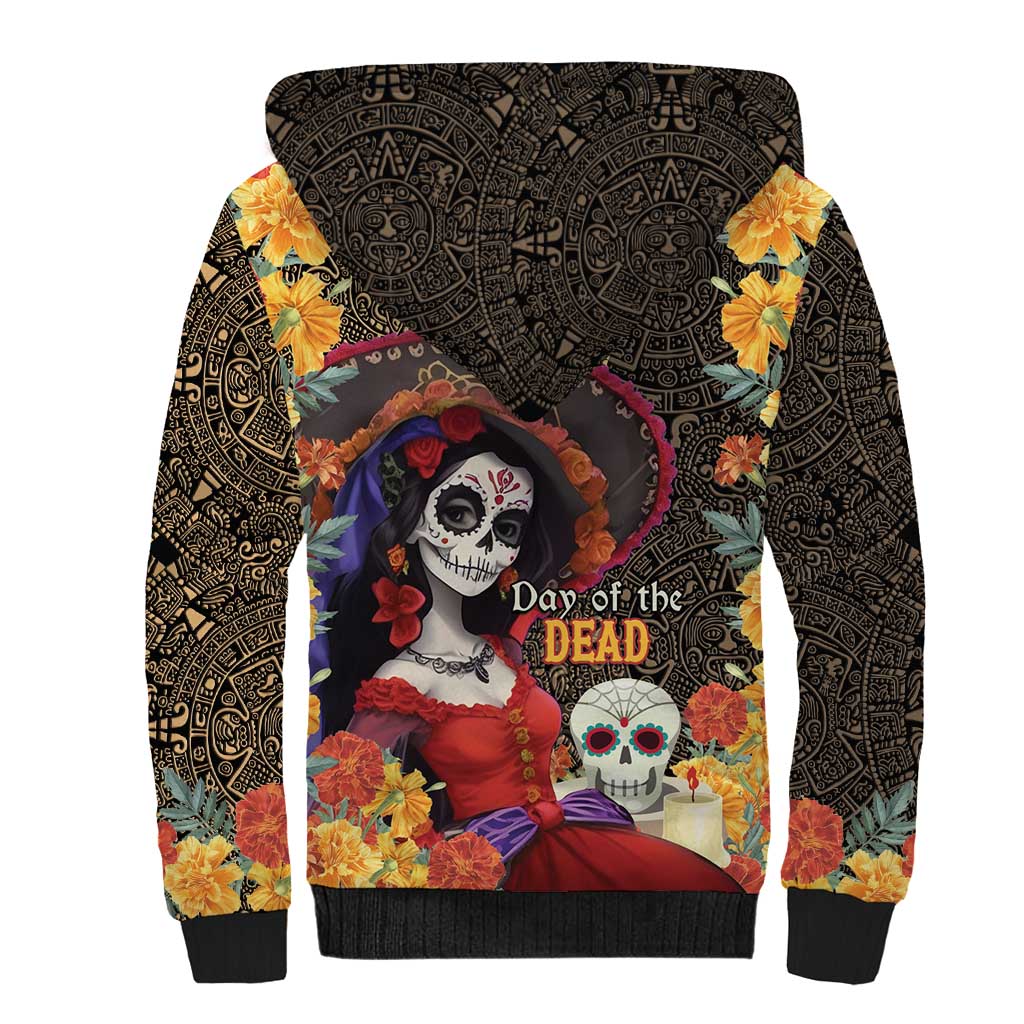 Mexico Day Of The Dead Sherpa Hoodie La Catrina Mix Cempasuchil Aztec Pattern LT15
