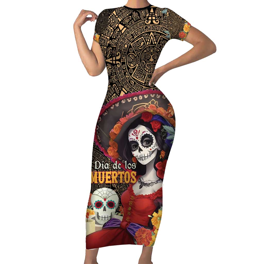 Mexico Day Of The Dead Short Sleeve Bodycon Dress La Catrina Mix Cempasuchil Aztec Pattern LT15