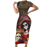 Mexico Day Of The Dead Short Sleeve Bodycon Dress La Catrina Mix Cempasuchil Aztec Pattern LT15