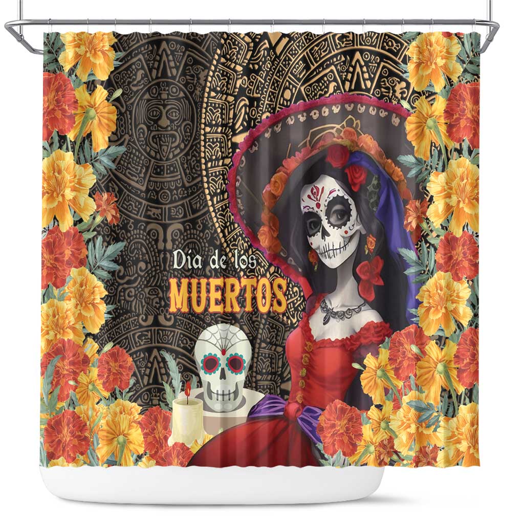 Mexico Day Of The Dead Shower Curtain La Catrina Mix Cempasuchil Aztec Pattern LT15