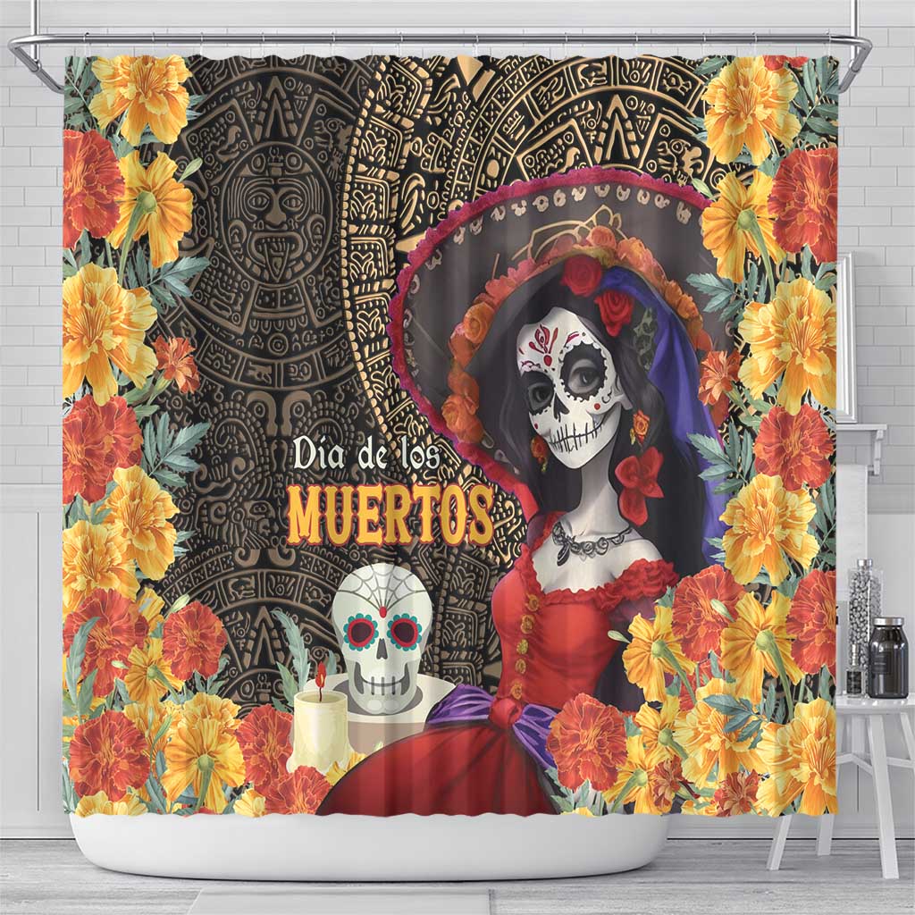 Mexico Day Of The Dead Shower Curtain La Catrina Mix Cempasuchil Aztec Pattern LT15