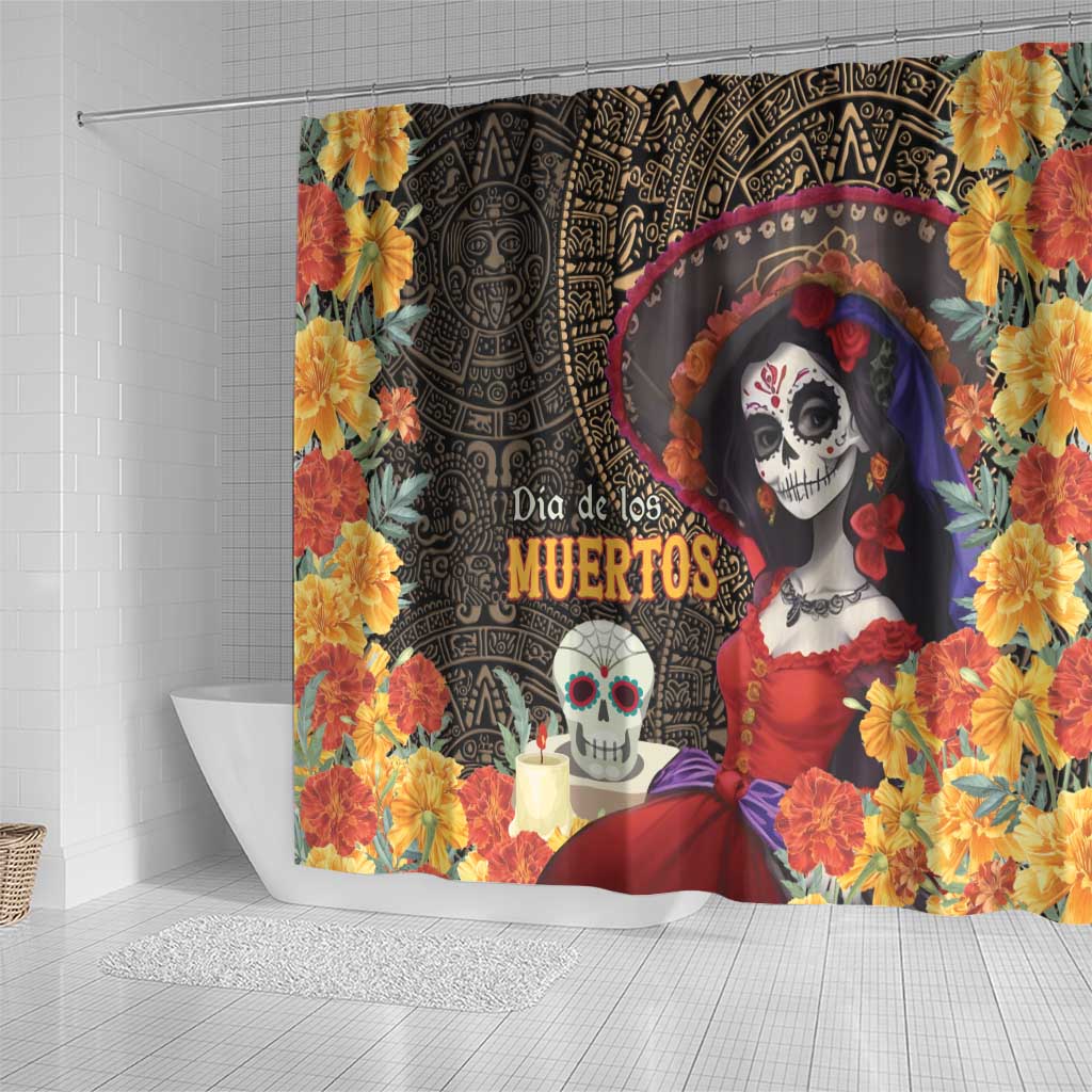 Mexico Day Of The Dead Shower Curtain La Catrina Mix Cempasuchil Aztec Pattern LT15