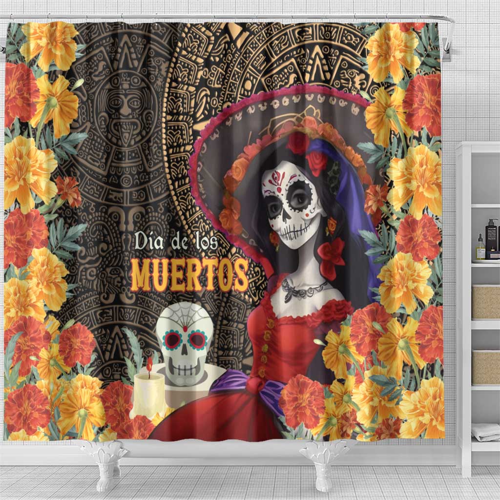 Mexico Day Of The Dead Shower Curtain La Catrina Mix Cempasuchil Aztec Pattern LT15