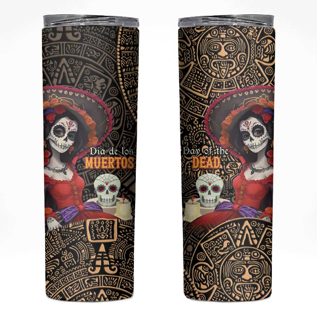 Mexico Day Of The Dead Skinny Tumbler La Catrina Mix Cempasuchil Aztec Pattern LT15