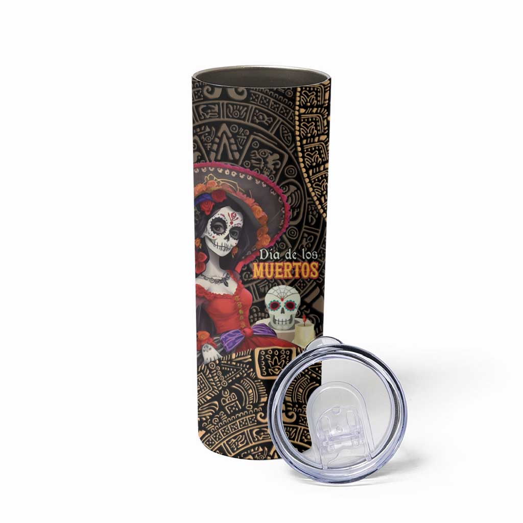 Mexico Day Of The Dead Skinny Tumbler La Catrina Mix Cempasuchil Aztec Pattern LT15