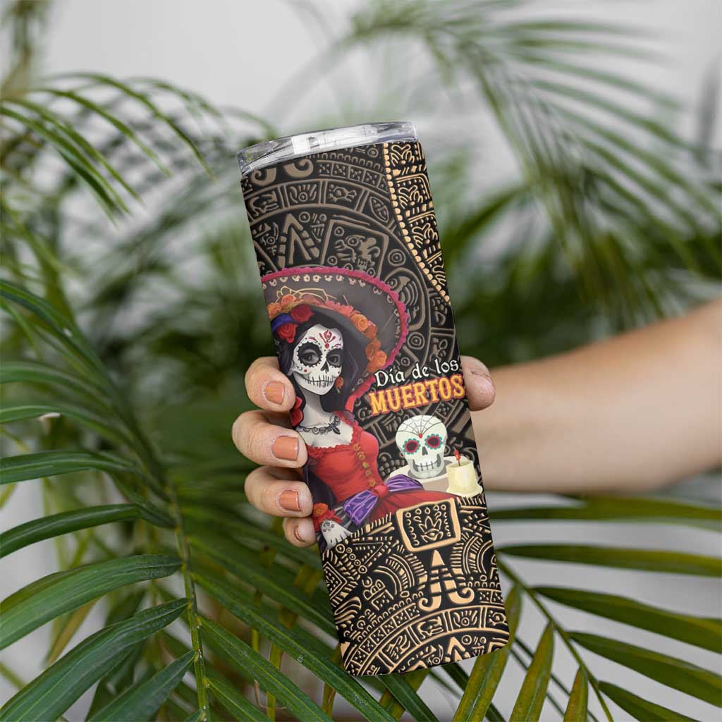 Mexico Day Of The Dead Skinny Tumbler La Catrina Mix Cempasuchil Aztec Pattern LT15