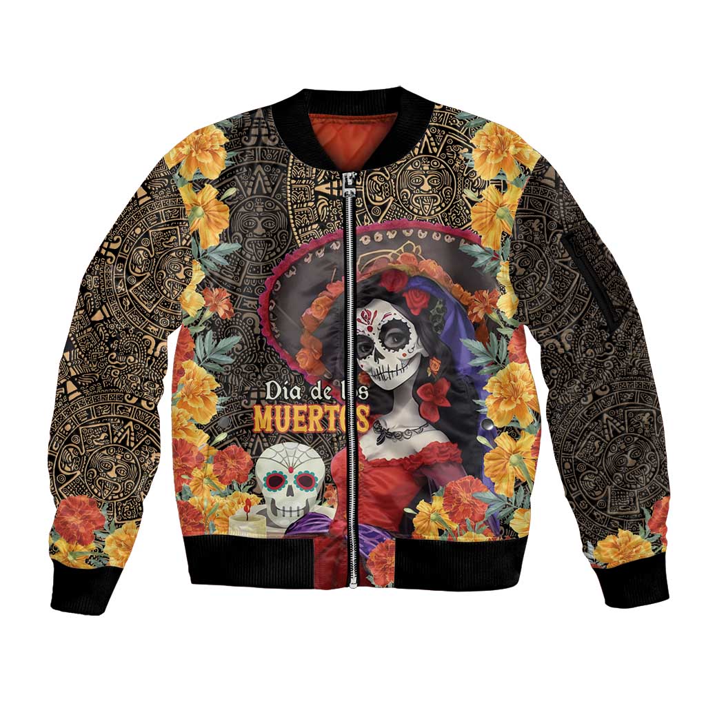 Mexico Day Of The Dead Sleeve Zip Bomber Jacket La Catrina Mix Cempasuchil Aztec Pattern - Wonder Print Shop