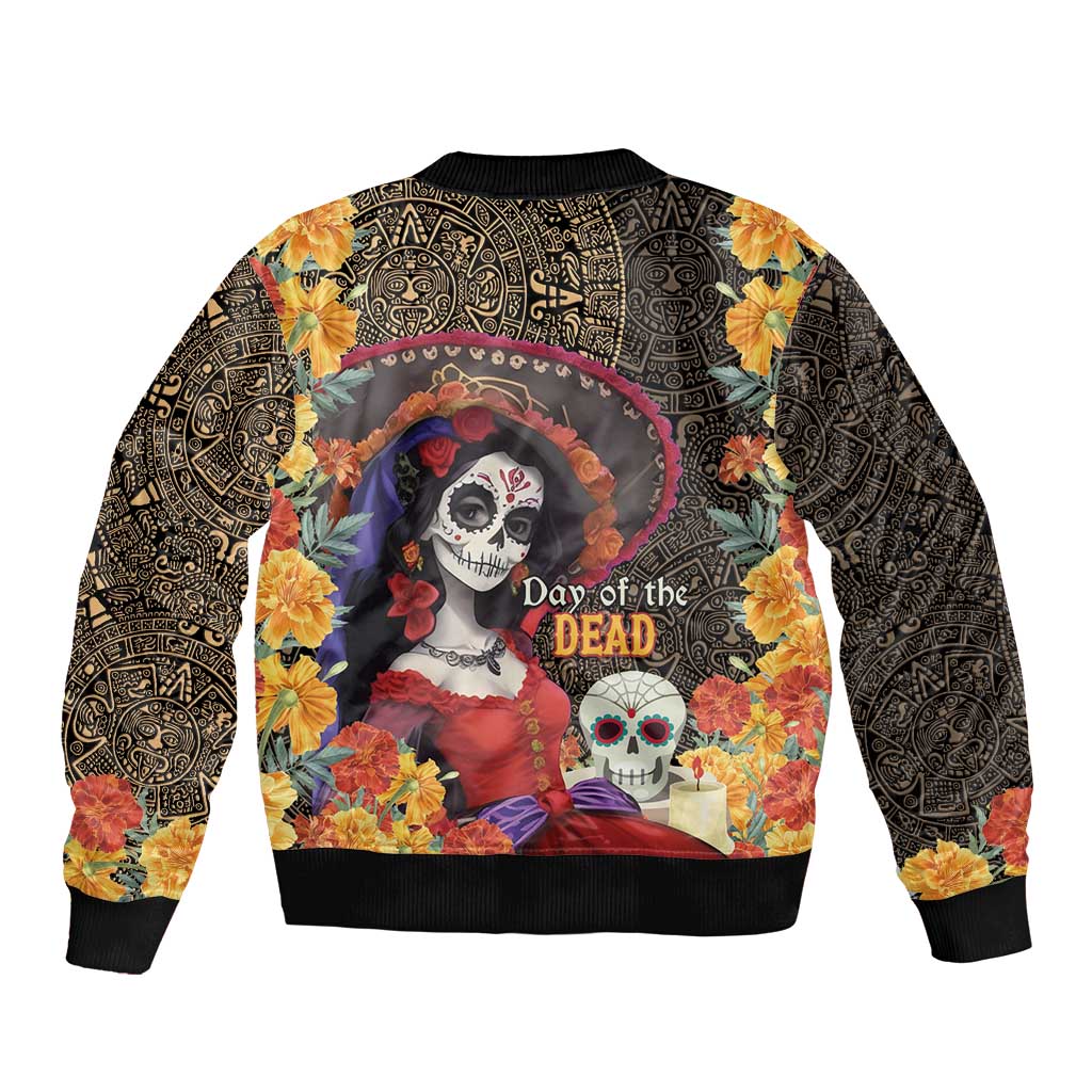 Mexico Day Of The Dead Sleeve Zip Bomber Jacket La Catrina Mix Cempasuchil Aztec Pattern LT15