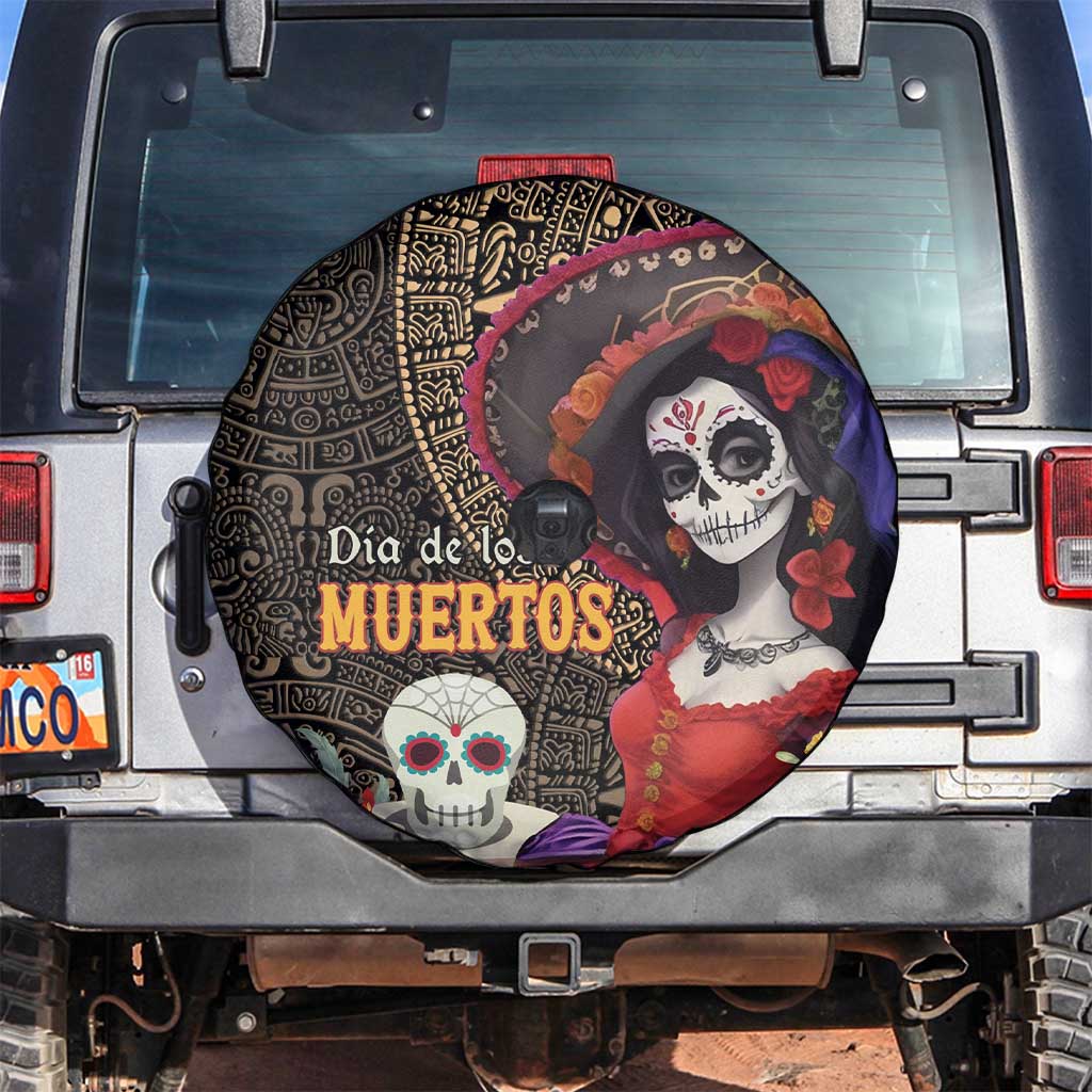 Mexico Day Of The Dead Spare Tire Cover La Catrina Mix Cempasuchil Aztec Pattern LT15