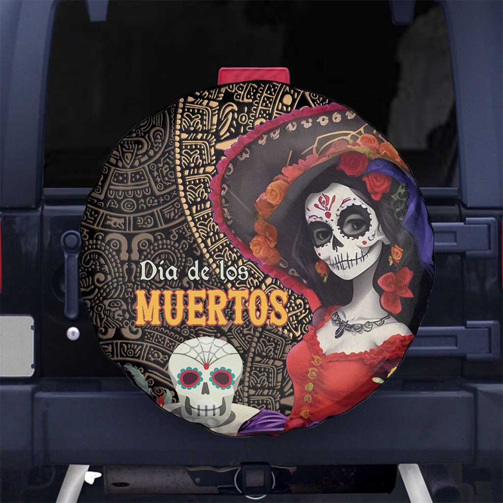 Mexico Day Of The Dead Spare Tire Cover La Catrina Mix Cempasuchil Aztec Pattern LT15
