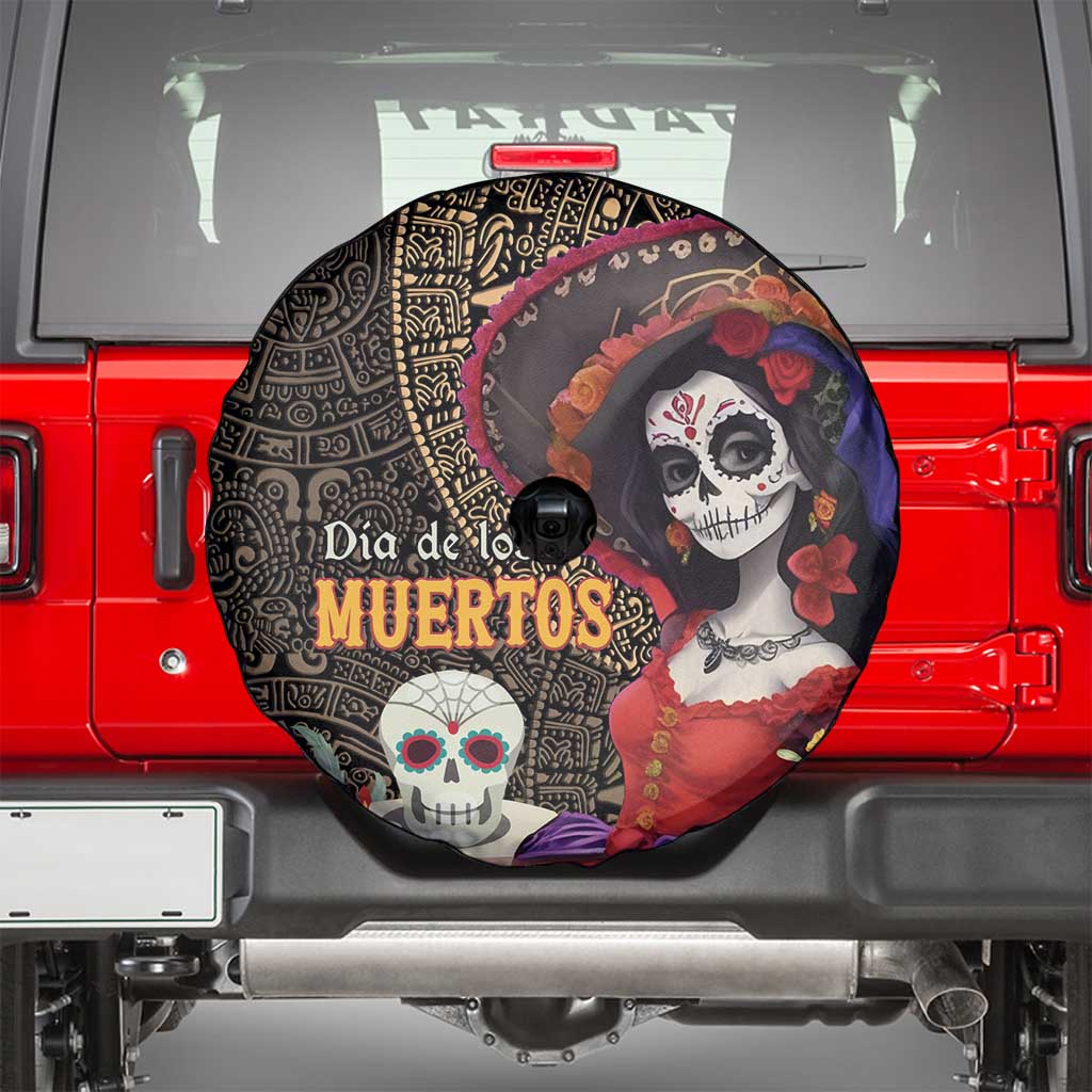 Mexico Day Of The Dead Spare Tire Cover La Catrina Mix Cempasuchil Aztec Pattern LT15